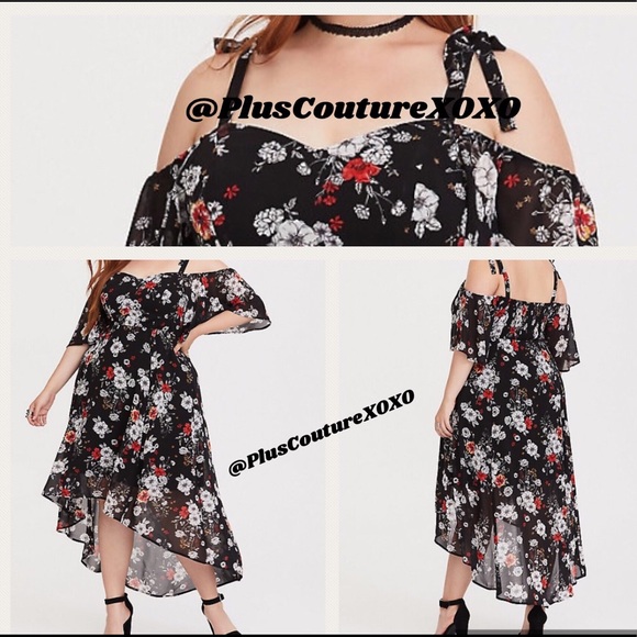 Torrid Dresses & Skirts - 🌹Black Floral Chiffon Off Shoulder Hi Lo Dress